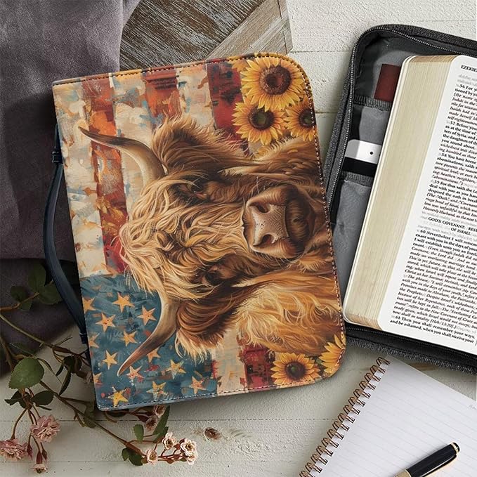 Lotusorchid American Flag Highland Sunflower Bible Covers for Women Waterproof Bible Bag Leather Men Bible Carrying Case Church Bag Bible Protective with Handle and Zippered Pocket