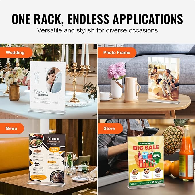 VEVOR Acrylic Sign Holder, 6 Pack 8.5 x 11-inch Brochure Display Holders, T-Shape Double Sided Display Sign Stand, Clear Acrylic Table Menu Photo Paper Holder for Restaurant Office Wedding Bar