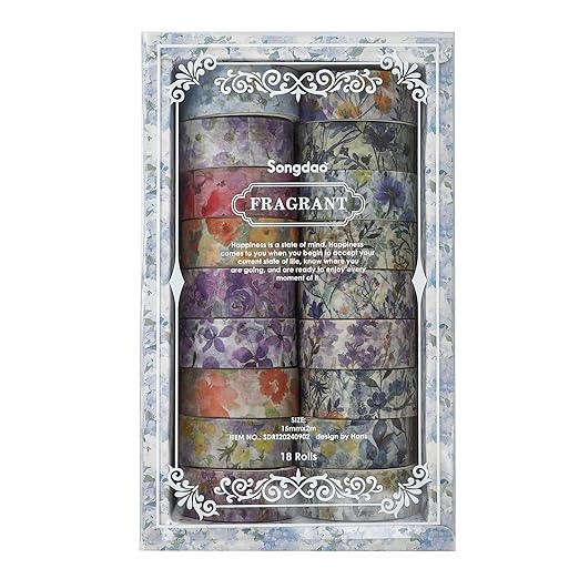 18 Rolls Blossom Washi Tape Set Floral Arts Adhesive Tapes Flowers Garden Decorative Masking Tape Set for Craft, Kids, Scrapbook, DIY, Gift Wrapping (Lavender Dream)