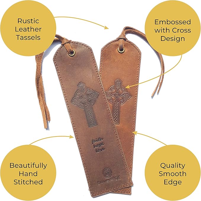 Leather Bookmark Handmade Celtic Cross Design - 2 Genuine Leather Bookmarks for Men and Women with Christian Upright High Cross and Knot Design - Perfect Book Lovers Gift for Bookworms