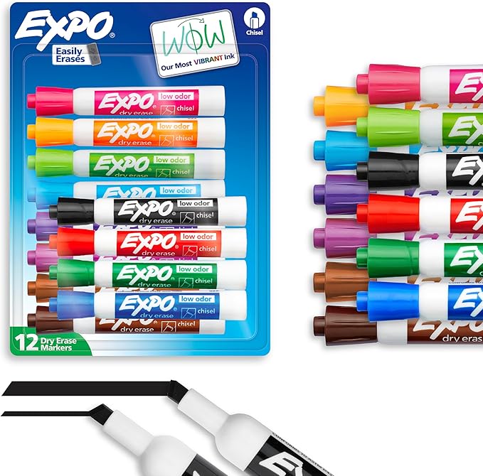 EXPO Low Odor Dry Erase Markers, Chisel Tip, Assorted Colors, 12 Count