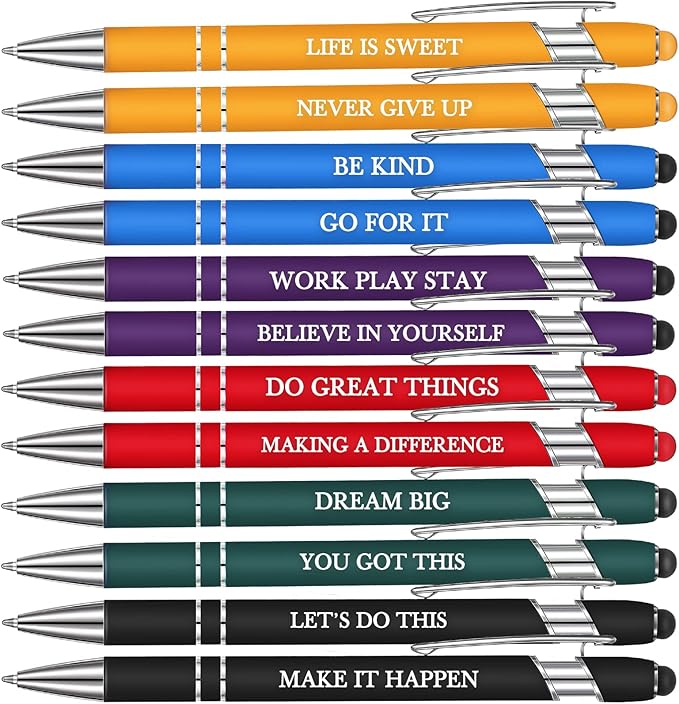 Zonon 12 Pieces Inspirational Pens Bulk Easter Basket Stuffers Motivational Quotes Ballpoint Pens with Stylus Tip Inspirational Gifts for School Office Teachers(Classic Colors,Graduation Style)
