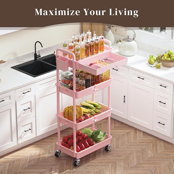 4 Tier Rolling Utility Cart with Drawer, Utility Storage Organizer with Plastic Shelf & Lockable Wheels Multifunctional Storage Cart for Kitchen, Bathroom, Office, Living Room, Pink
