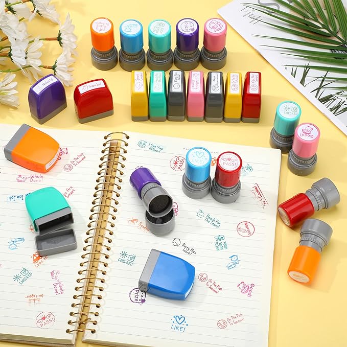 Yinder 24 Pcs Teacher Stamps for Classroom Self Inking Classroom Stamps Bulk for Teachers Elementary Colorful Motivational Encouraging Gifts(Cute)