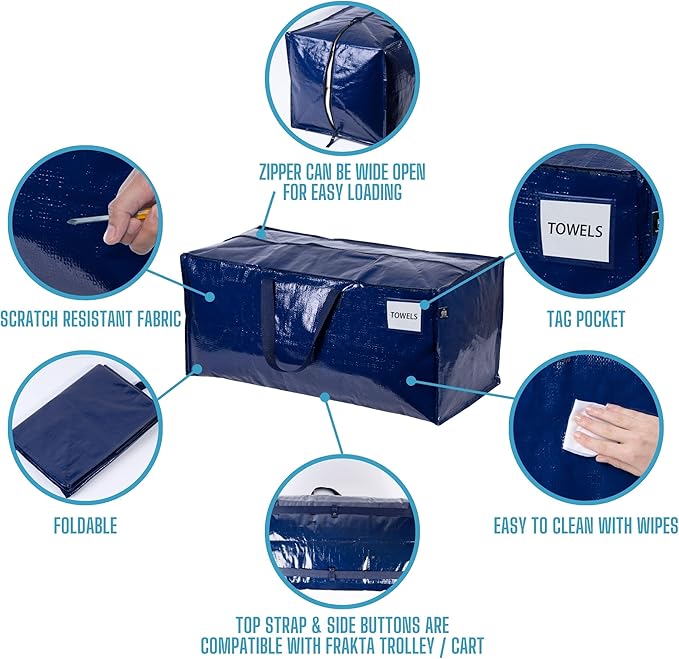 VENO 4 Pack Moving Bags w/Backpack Straps, Moving Boxes & Storage Bins Alternative, Packing Supplies, Camping Accessories Totes for Storage, Dorm Room Essentials Storage Bags (Blue, 4 Pack)