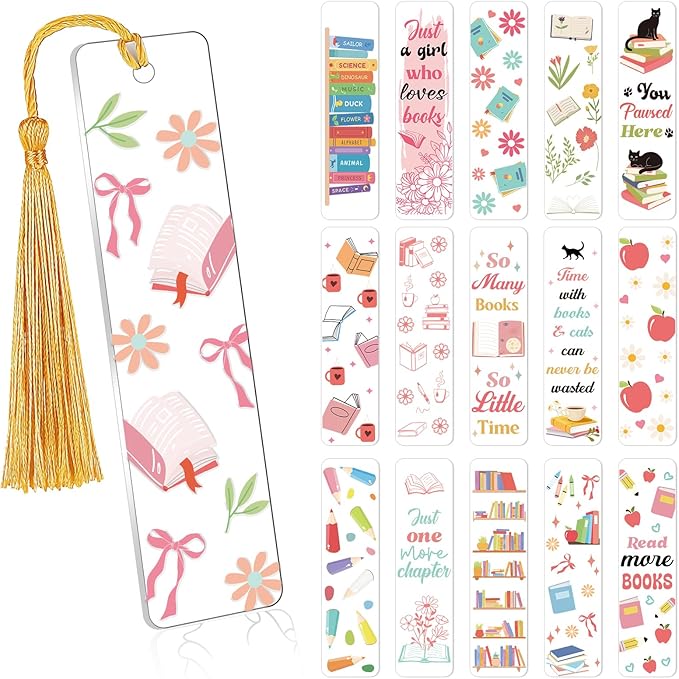 Luvsweeets UV DTF Bookmark Stickers - 16 Sheets Book Lover UV DTF Decals for Acrylic Bookmarks Waterproof Bookish Rub on Transfer Stickers UVDTF Wraps for DIY Blank Bookmarks Teacher Gifts