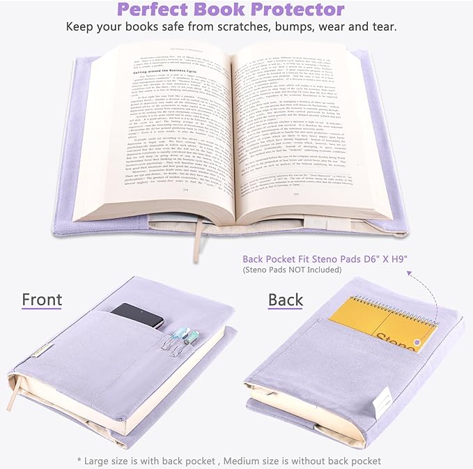 Canvas Book Covers, Washable Book Protector, Book Cover for Paperback Novels, Adjustable Book Cover for Hardcover with Pockets for Pen, Soft Cover Books, Book Lovers Gifts