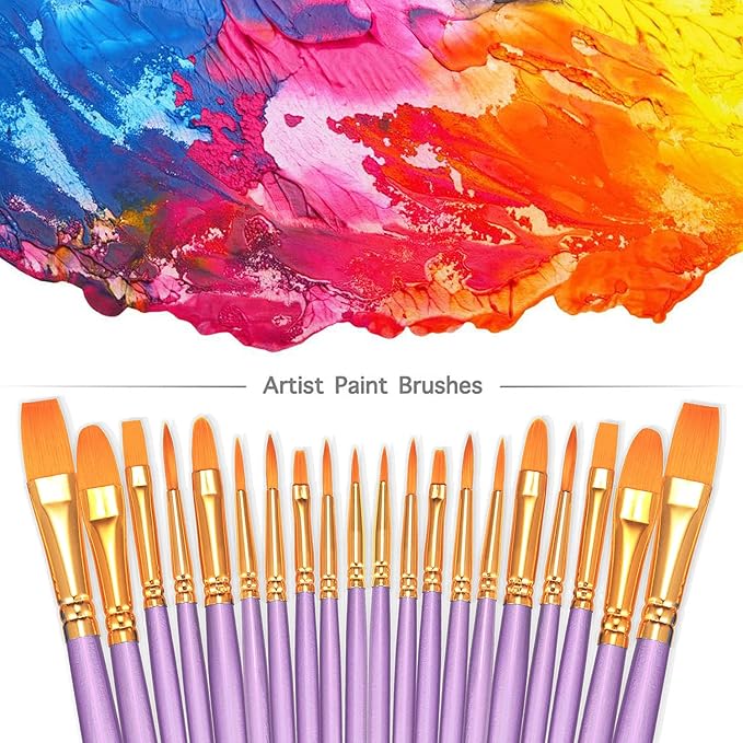 BOSOBO Paint Brushes Set, 10 Pack 100 Pcs Round Pointed Tip Paintbrushes Nylon Hair Artist Acrylic Paint Brushes for Acrylic Oil Watercolor, Face Nail Art, Miniature Detailing & Rock Painting, Purple
