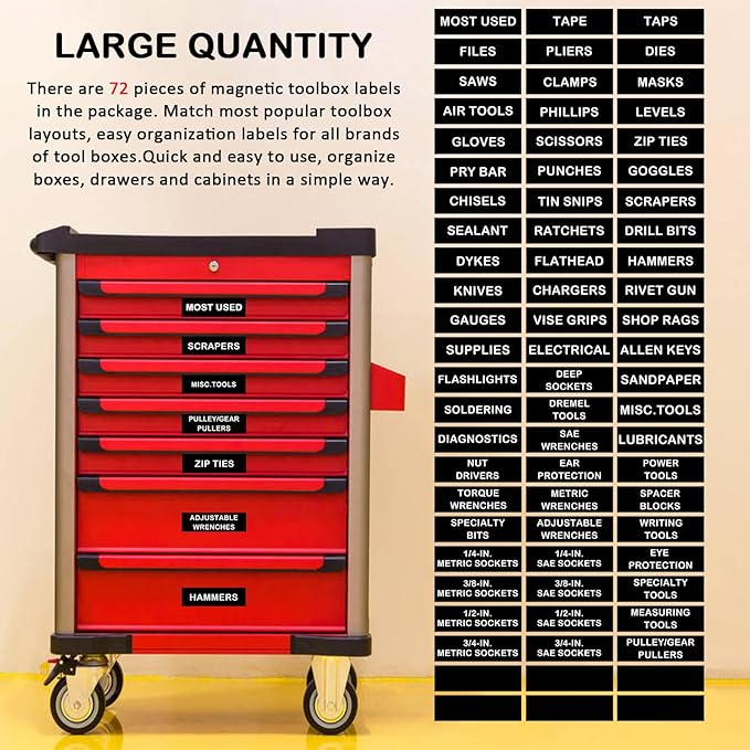 Tool Box Organization Magnetic Labels,Tool Chest Organizer Labels with Strong Magnets,Easy to Read Printing - Fits All Brands of Steel Tool Box Drawers (72 Pcs, 4 x 1 Inches)