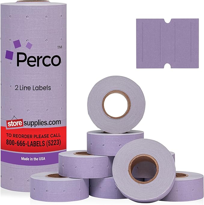 Perco 2 Line Lavender Labels - 8 Rolls, 1 Sleeve, 6,000 Blank Price and Date Gun Labels for Perco 2 Line Price and Date Guns - Made in USA