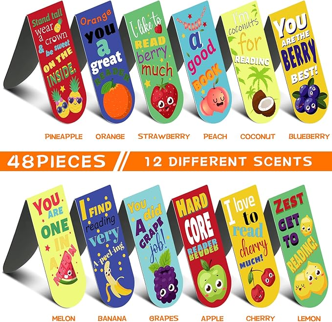 48 Pack Scented Bookmarks Magnetic Scratch and Sniff Bookmarks Fruit Food Bookmarks for Kids Cute Bookmarks with Sayings Christmas Bookmarks for Kids Students Teens Teachers (Fruit Flavor)
