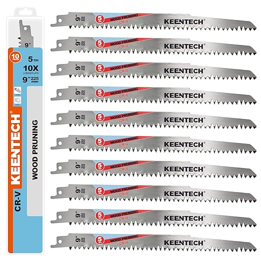 KEENTECH CR-V Sawzall Pruning Blades, 9 Inch 5TPI, with Fleam Ground Teeth for Tree Branch Root Wood, PVC Pipe Cutting, Reciprocating Saw Blade Fast Cutting for Professional, DIYer, Gardener, 10 Pack