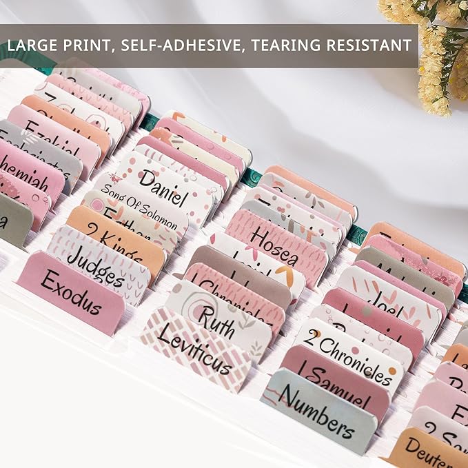 Laminated Bible Tabs for Women & Men - Large Print Tabs for Study Bibles, Boho Theme for Easy Navigation and Quick Reference - Easy-to-Read and Apply Tabs for All Ages-Floral