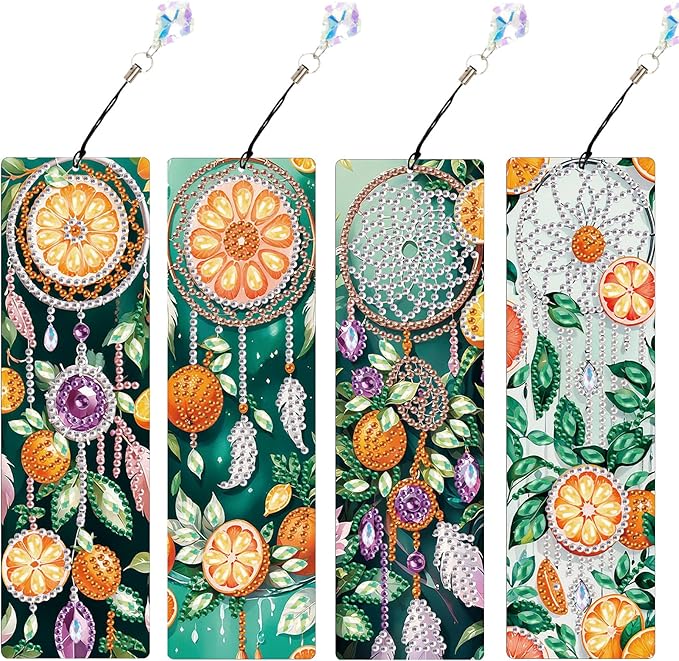 4 Pieces Diamond Art Bookmarks DIY 5D Diamond Painting Bookmarks Floral Dreamcatcher Beaded Bookmarks with Tassel Resin Rhinestone Leather Bookmark for DIY Art Crafts Adults Beginners
