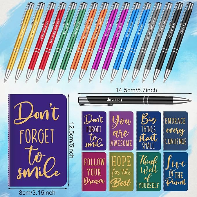 Funrous 32 Pcs Motivational Quote Pens Inspirational Notepads Mini Journal with Ballpoint Pen Small Notebooks Gift Set for Men Women Coworkers, Adult Party Favors Prizes Gift Bulk(Simple)