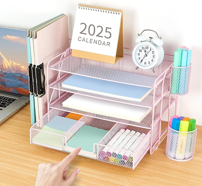 gianotter Paper Organizer with File Holder for Desk, 4 Tier Letter Tray Office Desk Organizers and Accessories - Workspace Organizers with Drawer and 2 Pen Holder for Office Supplies (Pink)