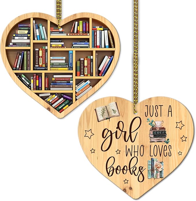 HYTURTLE 2D Flat Printed Book Gifts for Book Lovers - Book Christmas Wooden Ornament Tree Decoration - Book Lover Librarian Gifts - Book Gifts for Girls Women - Book 2-Sided Keepsake Wood Ornament