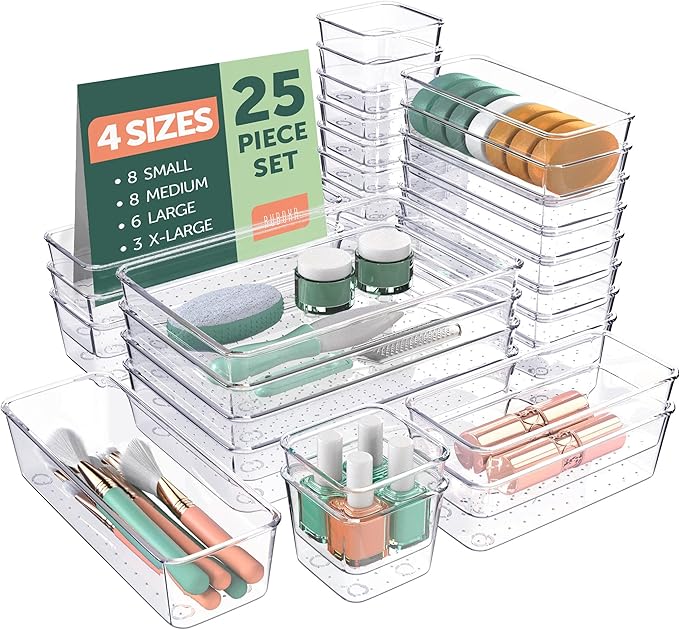 25 PCS Clear Plastic Drawer Organizers Set, 4 Sizes Clear Drawer Organizers & storage Bins for Makeup/Jewelry Vanity, Kitchen Gadgets Or Office Desk. Bathroom Drawer Organizer Trays With Non-Slip Pads