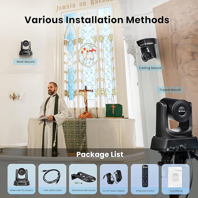 HDMI/USB PTZ Camera 10X Optical Zoom 60fps 1080P Video Conference Camera for Church Worship Live Streaming Meeting Online Learn with Zoom Skype OBS and More
