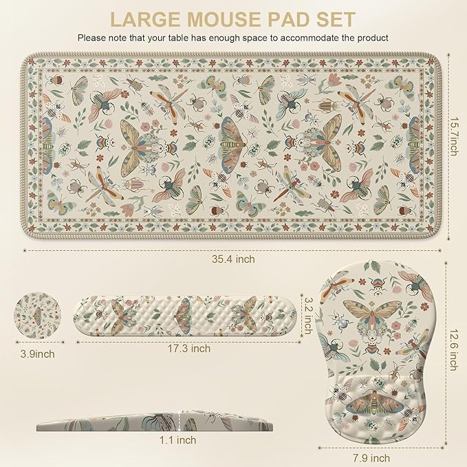 iLeadon Desk Pad Mat,Keyboard Wrist Rest and Mouse Pad Set,Full Desk Mouse Pad Extra Large for Computer Keyboard,Massage Mousepad+Cup Coaster with Non-Slip Base for Home Office,Beige Insect