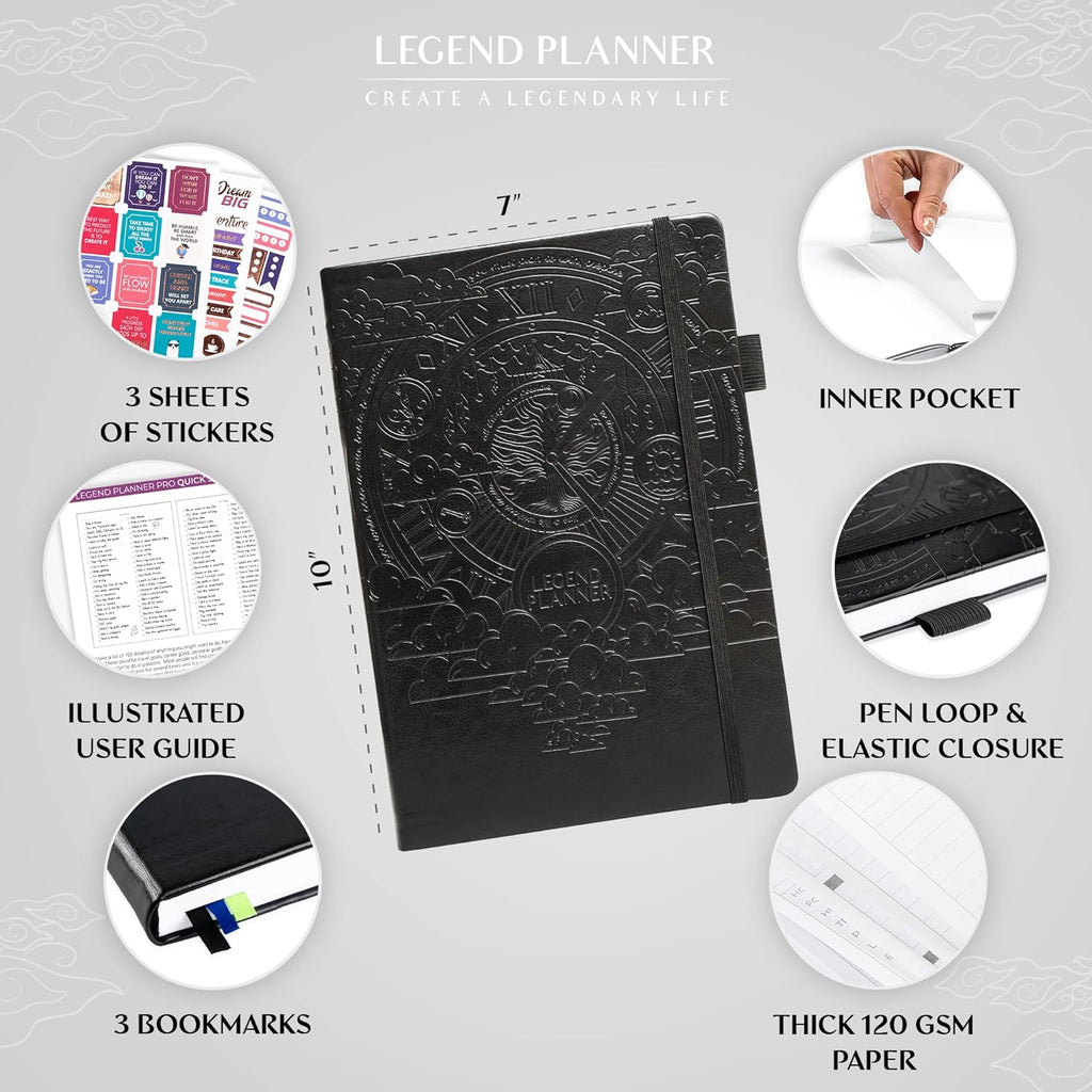 Legend Planner PRO – Deluxe Weekly & Monthly Life Planner to Increase Productivity and Hit Your Goals. Time Management Organizer Notebook – Undated – 7 x 10" Hardcover + Stickers – Black