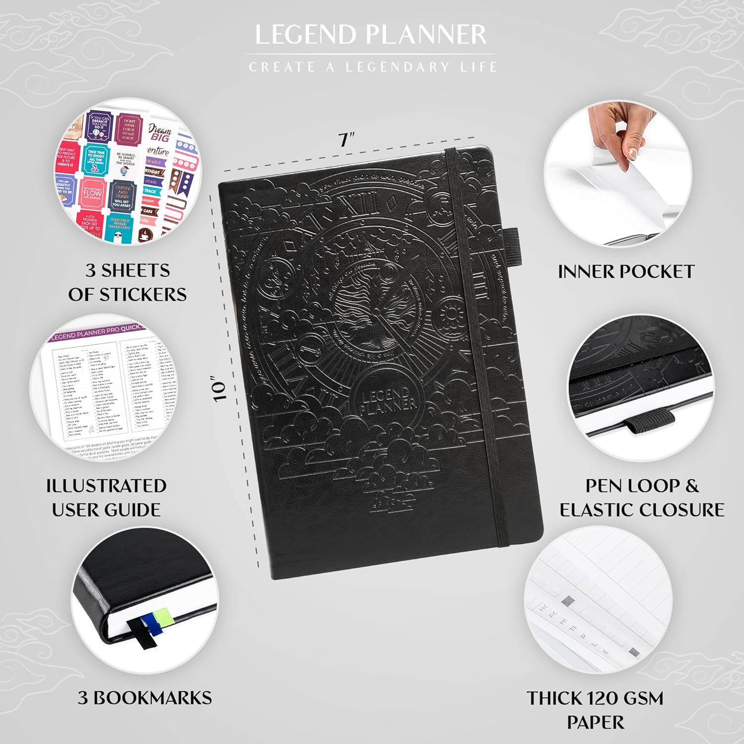 Legend Planner PRO – Deluxe Weekly & Monthly Life Planner to Increase Productivity and Hit Your Goals. Time Management Organizer Notebook – Undated – 7 x 10" Hardcover + Stickers – Black