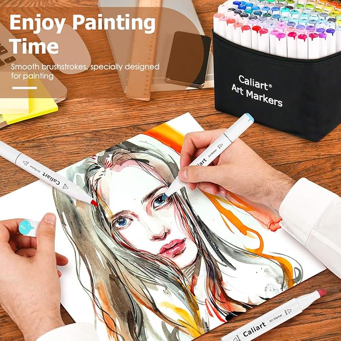 Caliart 180 Colors Fine & Chisel Alcohol Markers for Adult Coloring Book, Dual Tip Artist Sketch Art Markers, Aesthetic Cute Preppy Stuff School Supplies, Pens for Lettering Drawing Cards Planner