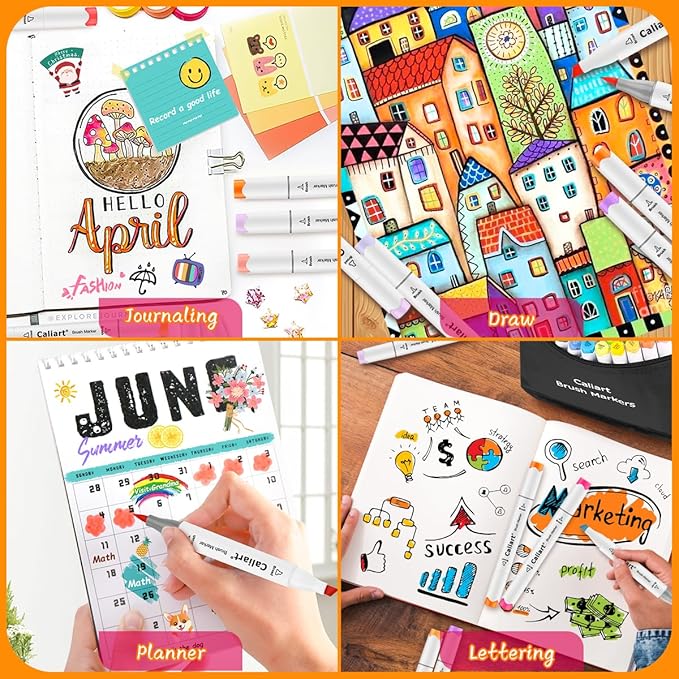 Caliart 61 Colors Pastel Alcohol Markers, Brush & Chisel Dual Tip Markers for Adult Coloring Book, Sketch Pens Permanent Art Markers Set for Easter Eggs Decorations Stuffers Drawing Supplies Gift