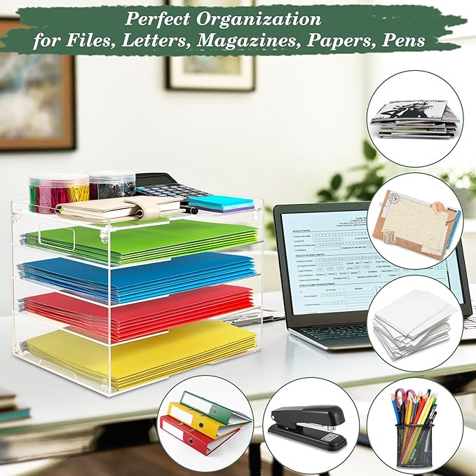 Paper Organizer File Letter Tray for Desk Office Organization Acrylic Folder Document Accessories Storage, Home School Desktop Supplies, 5 Tier with Handle