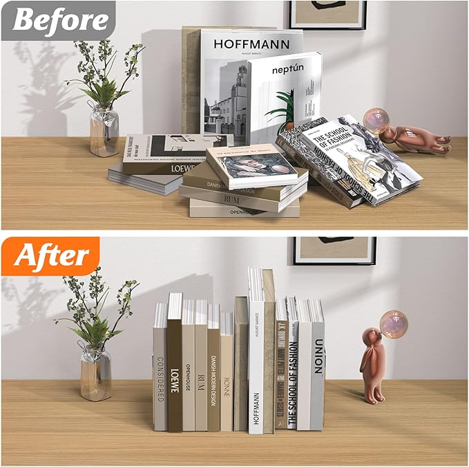 Acrylic Bookends 4 Pcs, Clear Book Ends for Shelves, Transparent Bookend Organizer, Book Holder Stand Decorative, Book Stoppers for Heavy Duty Books, CD, File, Video Games