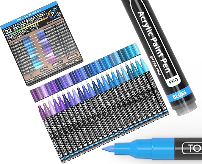 Acrylic Paint Pens 22 Blue & Purple Tones Assorted Pro Color Series Markers Set 0.7mm Extra Fine Tip for Rock Painting, Glass, Mugs, Wood, Metal, Canvas, Projects, Non Toxic, Waterbased, Quick Drying