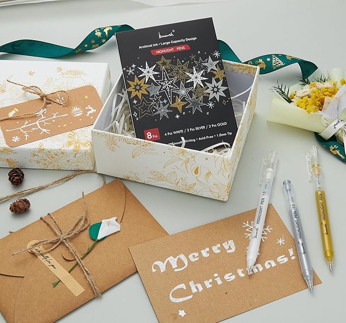 White Gold and Silver Gel Pen Set, 1mm Extra Fine Point Pens Gel Ink Pens Opaque Archival Ink Pens for Black Paper Drawing, Sketching,Card Making, Illustration, Bullet Journaling, 8 Pack