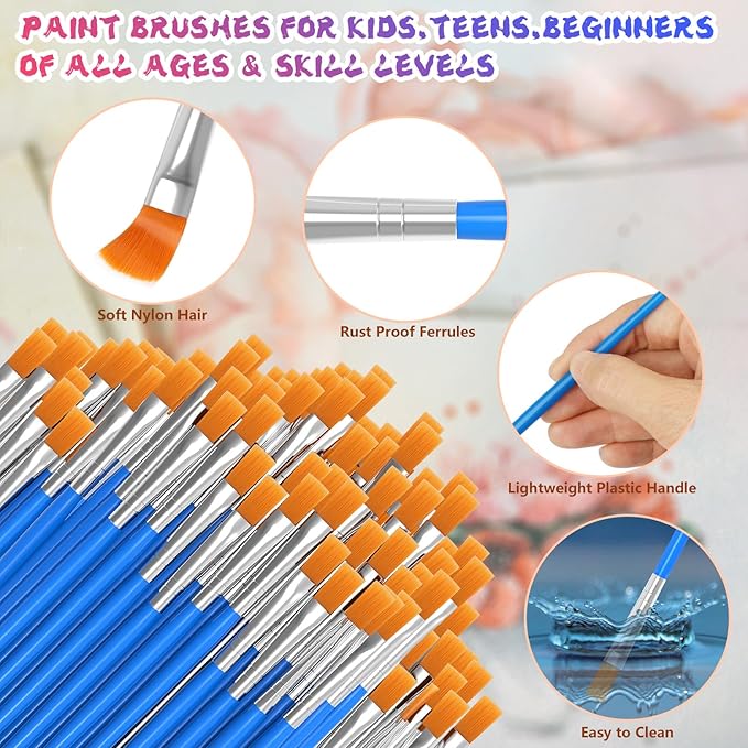 Paint Brushes Set for Acrylic Painting, 100 Pcs Flat Art Painting Brushes Acrylic Paint Brush, Nylon Paint Brush for Kids Adults Oil Watercolor Rock Painting Body Face Nail Art