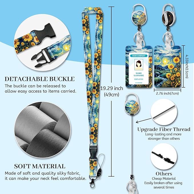 Sunflower Lanyards for Id Badges, Badge Holder with Retractable Reel Clip, Work Name Tags Keychain Lanyard with ID Holder, ID Card Protector Cover Case for Women Teacher Nurse Doctor Office