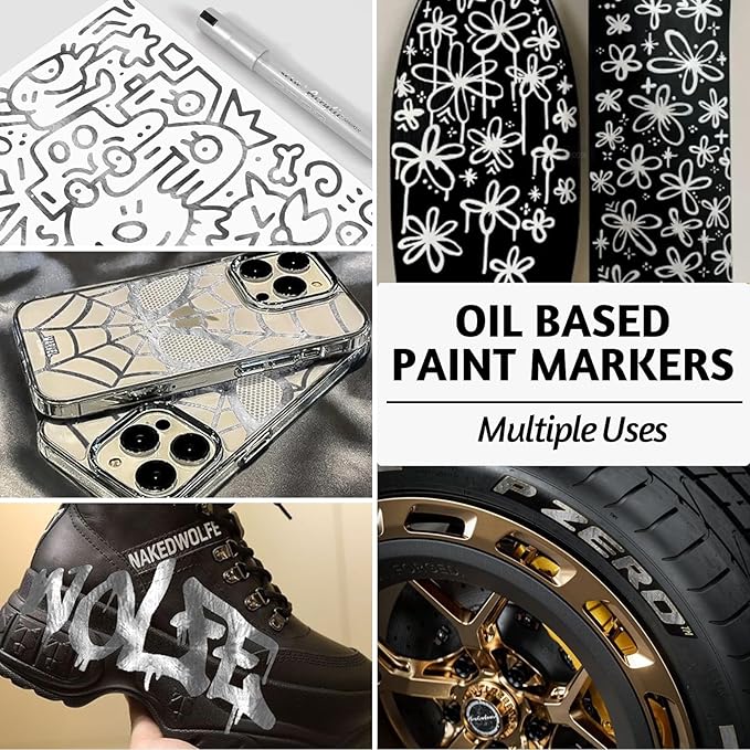 SFAIH Silve Paint Markers Paint Pens - 4 Pack 2-3MM Medium Tip Metallic Acrylic Markers for Rock Painting, Wood, Metal, Fabric, Plastic, Canvas, Glass, Ceramic, Diy Crafts, Drawing, Tire