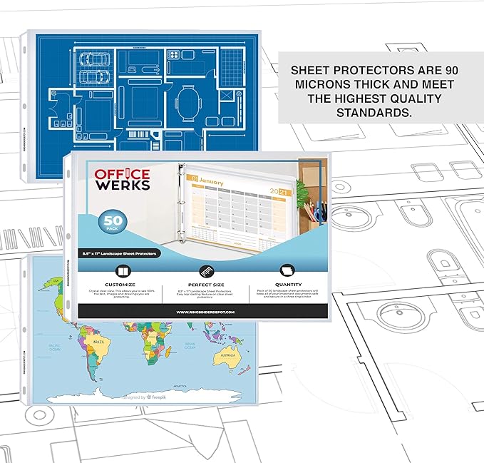 Performore 50 Sheet Protectors, Landscape Clear Page 8.5 X 11 Inch for 3 Ring Binder, Plastic Sheet Sleeves, Top Loading with 3 Hole-Punched Archival Safe, Non-Stick and Long-Lasting