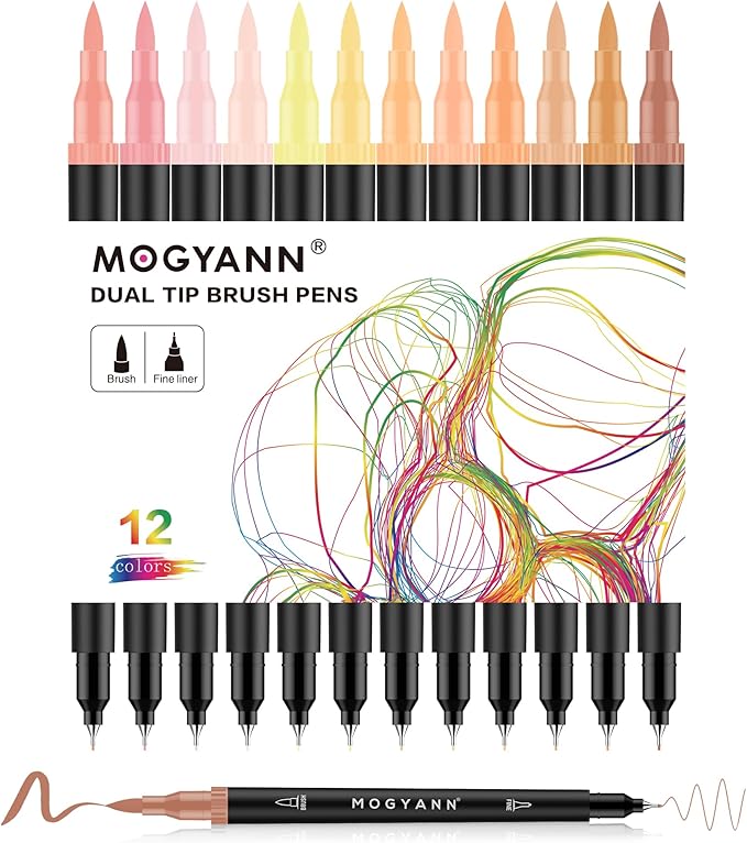 Mogyann Skin Tone Markers, 12 Pack Dual Brush Pens for Art Drawing Sketching