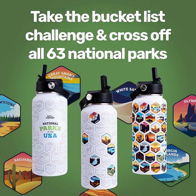 LET'S WANDER Original Lets Wander National Park Water Bottle with Waterproof Stickers - 32oz Leakproof Insulated Stainless Steel with Straw - Parks of the USA Bucket List Bottle [WHITE]