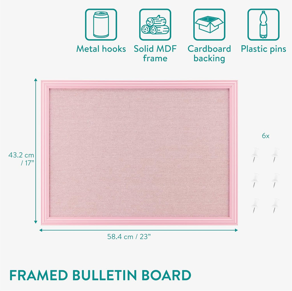 Navaris Framed Linen Bulletin Board - Approx. 58x43cm Fabric Jewelry Organizer Pinboard for Wall Memory Memo Pin Board - Pink Linen with Pink Frame