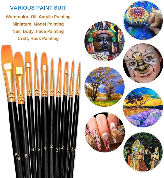 BOSOBO Paint Brushes Set, 10 Pieces Round Pointed Tip Paintbrushes Nylon Hair Artist Acrylic Paint Brushes for Acrylic Oil Watercolor, Face Nail Body Art, Miniature Detailing & Rock Painting, Black