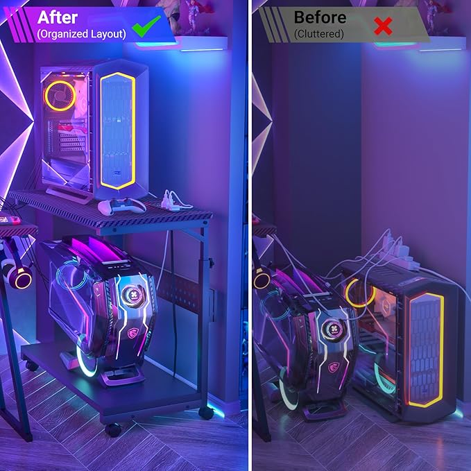 Computer Tower Stand with Power Strips, Height Adjustable PC Tower Stand/Cart with Wheels, Mobile Rolling CPU Holder, Computer Cart Side Stand for Computer Desk, 32", Carbon Fiber Black