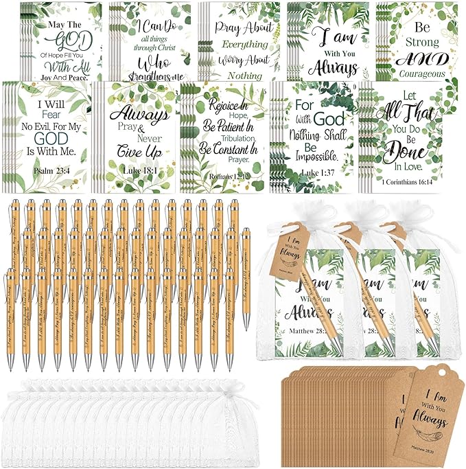 200 Pcs Bible Verse Sets Church Christian Gift Include 50 Scripture Notebooks 50 Bible Bamboo Pens 50 Thanks Tags 50 Organza Bags for Women Man Christian Party Gifts(Green,Vibrant)