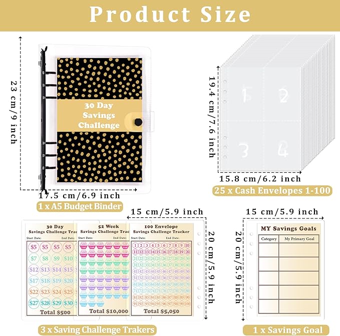 HAUTOCO 100 Envelopes Money Saving Challenge A5 Binder, Savings Challenges Book to Save $5,050, $500, $10,000, Budget Binder with Cash Envelopes, PVC Money Saving Binder with Challenge Trackers, Black