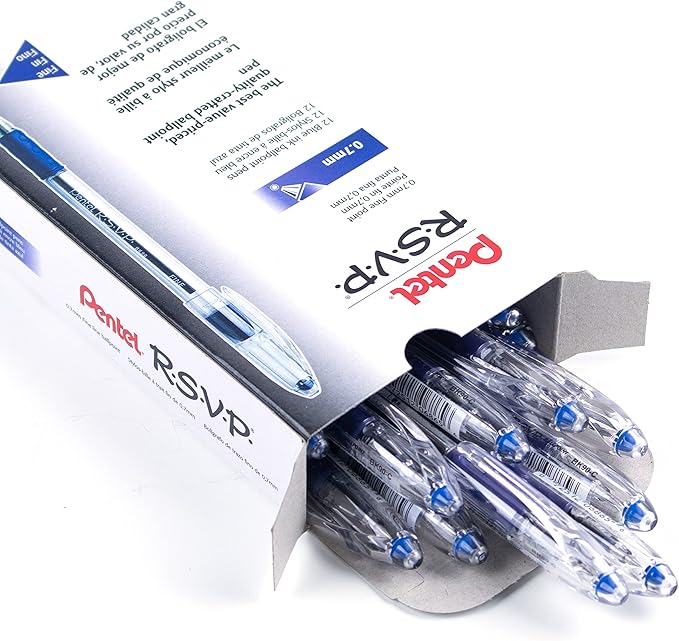 Pentel® R.S.V.P.® Ballpoint Pens, Fine Point, 0.7 mm, Clear Barrel, Blue Ink, Pack of12
