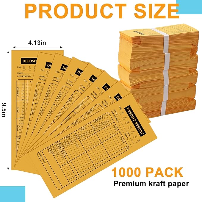 Qilery 1000 Pieces Cash Drop Envelopes Bulk Cashier Deposit Envelopes Budgeting Planning 4 1/8'' x 9 1/2'' Bank Envelopes for Cash, Small Business, Retailers Restaurants Kraft(Yellow)