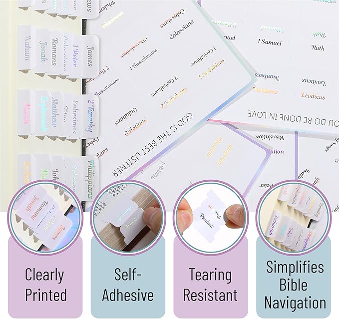 Mr. Pen- Bible Tabs, 75 Tabs, Holographic Laminated Bible Tabs for Women and Men, Bible Tabs for Study Bible, Bible Index Tabs, Bible Book Tabs, Bible Labels Tabs, Mr Pen Bible Tabs