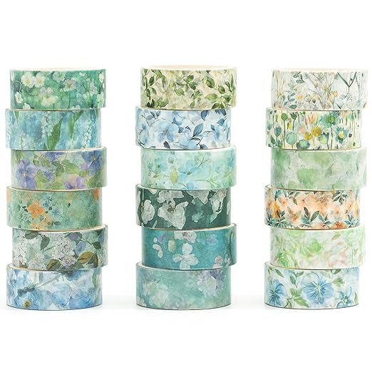 18 Rolls Blossom Washi Tape Set Floral Arts Adhesive Tapes Flowers Garden Decorative Masking Tape Sets for Craft, Kids, Scrapbook, DIY, Gift Wrapping (Ocean Breeze)