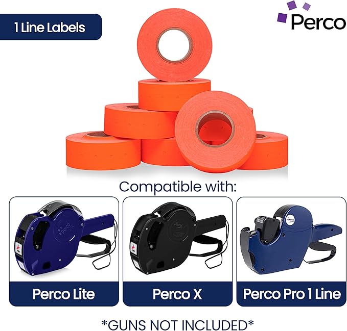Perco 1 Line Fluorescent Red Labels - 8 Rolls, 1 Sleeve, 8,000 Blank Price and Date Gun Labels for Perco 1 Line Price and Date Guns - Made in USA