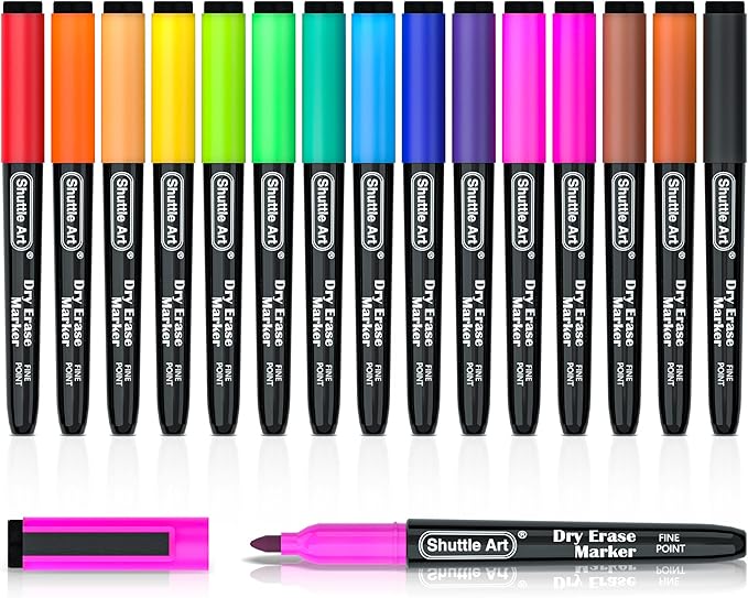 Shuttle Art Dry Erase Markers, 15 Colors Magnetic Whiteboard Markers, Fine Point, Perfect For Writing on Whiteboards, Dry-Erase Boards,Mirrors for School Office Home