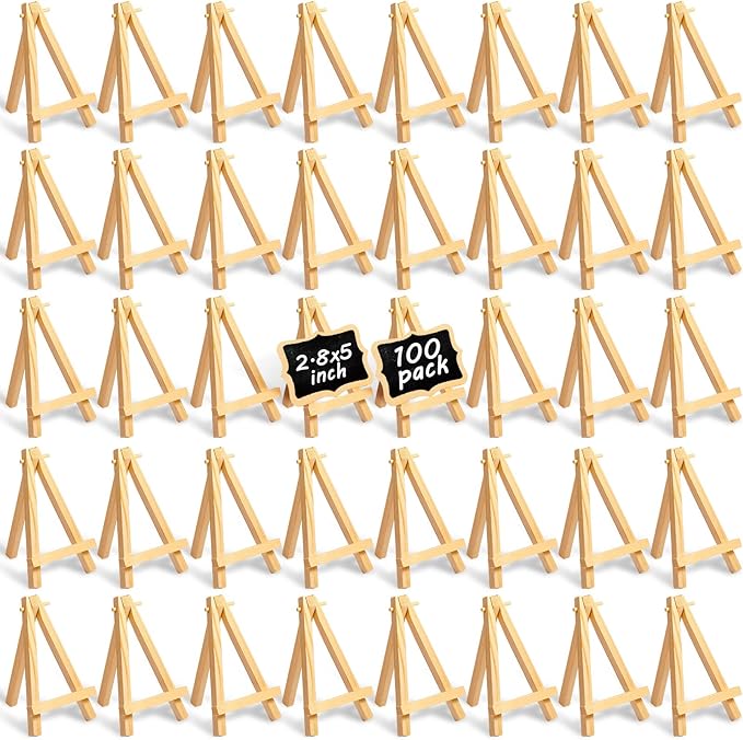 100 Pieces Mini Wood Easel Stands Small Wooden Canvas Easels Display Art Craft Tripod Painting Tabletop Holder for Artist Crafts, Business Cards, Photos, Gift(5 Inch)